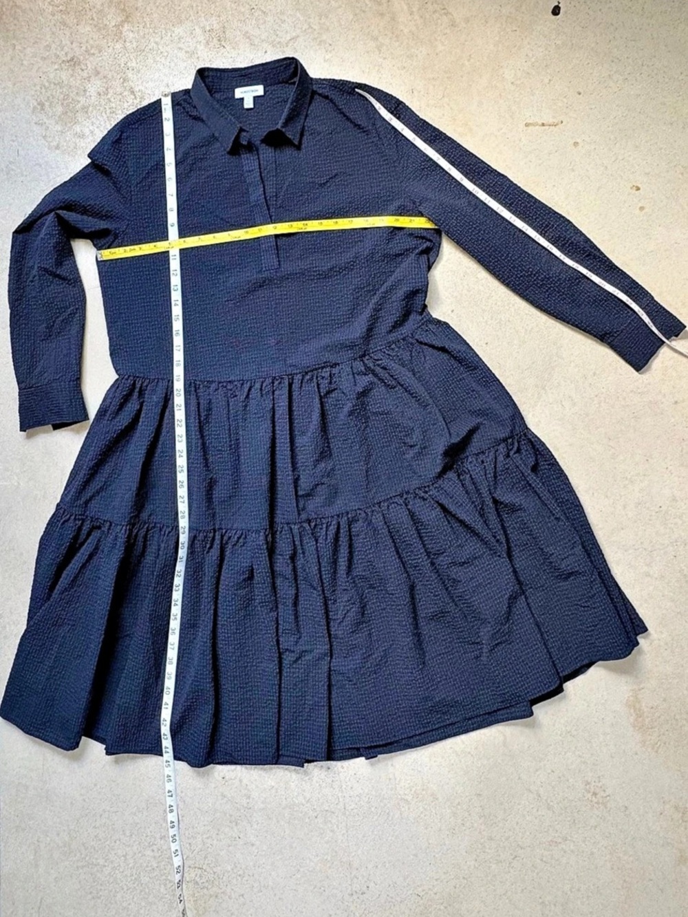 Nordstrom Women’s M Navy Seersucker Tiered  Shirt Dress Long Sleeve Collared - Picture 5 of 9